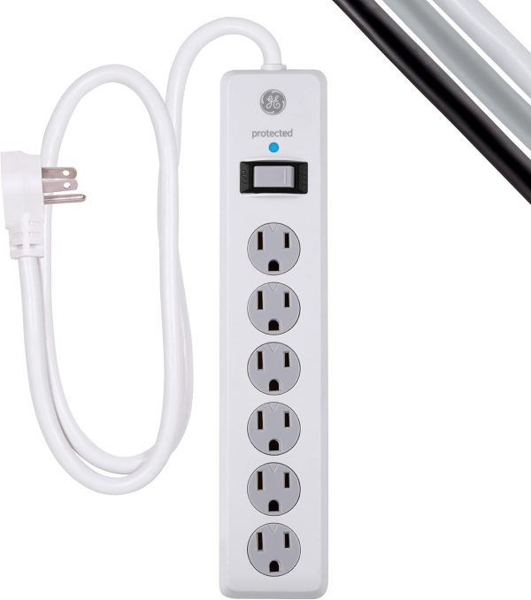 GE 6-Outlet Surge Protector, 4 Ft Extension Cord, Power Strip, 800 Joules, Flat Plug, Twist-to-Close Safety Covers, Protected Indicator Light, UL Listed, White, 33658
