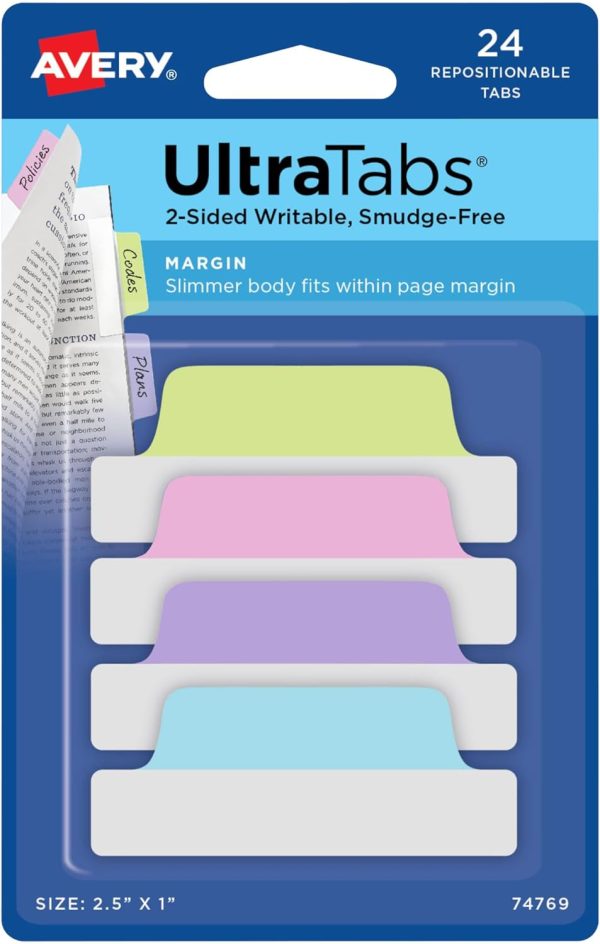 Margin Ultra Tabs, 2.5" x 1", 2-Side Writable, Assorted Pastel Colors, 24 Repositionable Tabs (74769)