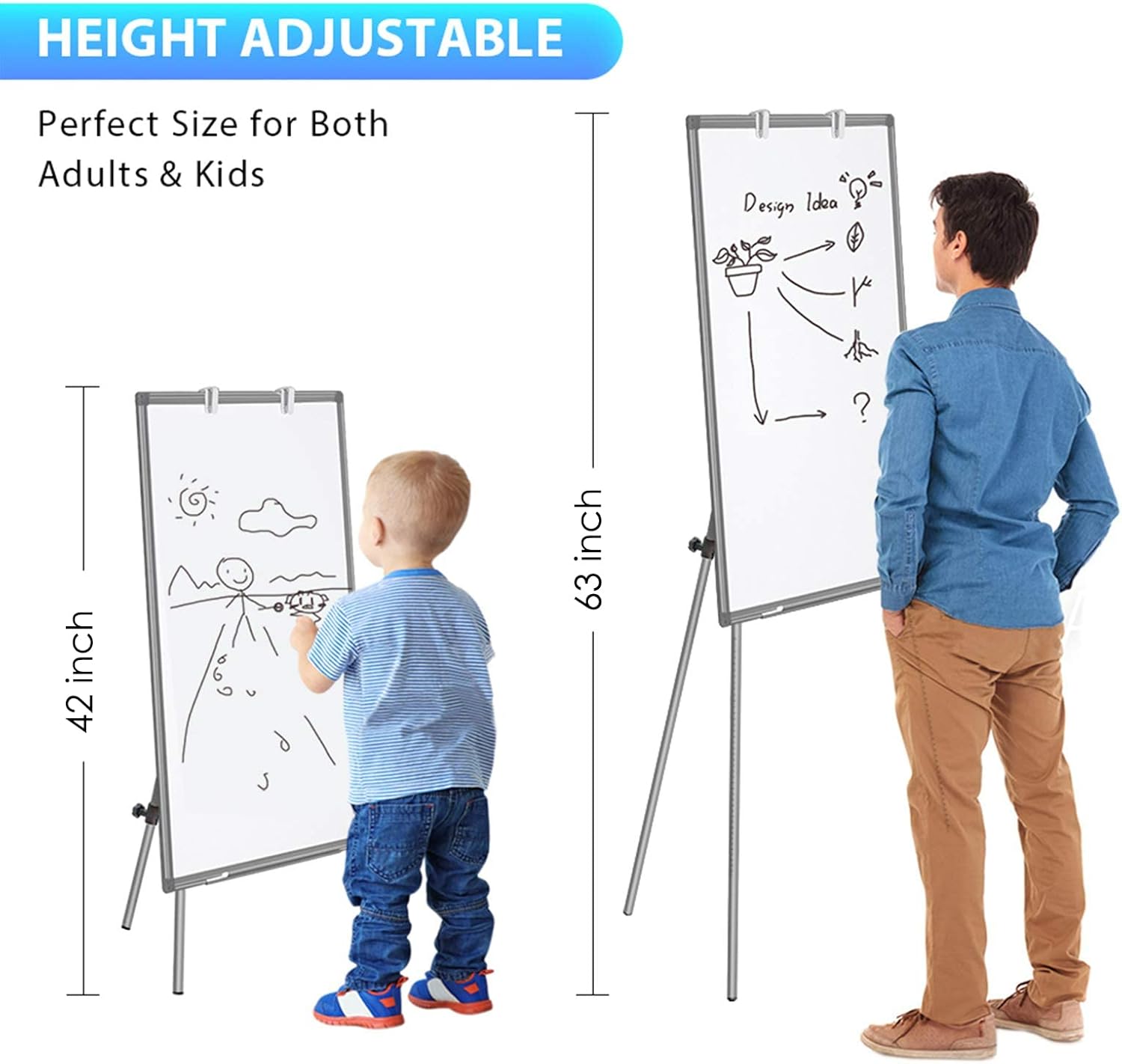 Easel Whiteboard - Magnetic Portable Dry Erase 36 x 24 Tripod Height Adjustable, 3' x 2' Flipchart Easel Stand White Board for Office (36x24 Gray) - Image 3