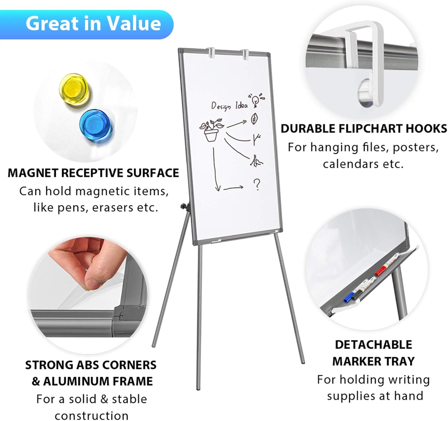 Easel Whiteboard - Magnetic Portable Dry Erase 36 x 24 Tripod Height Adjustable, 3' x 2' Flipchart Easel Stand White Board for Office (36x24 Gray) - Image 4