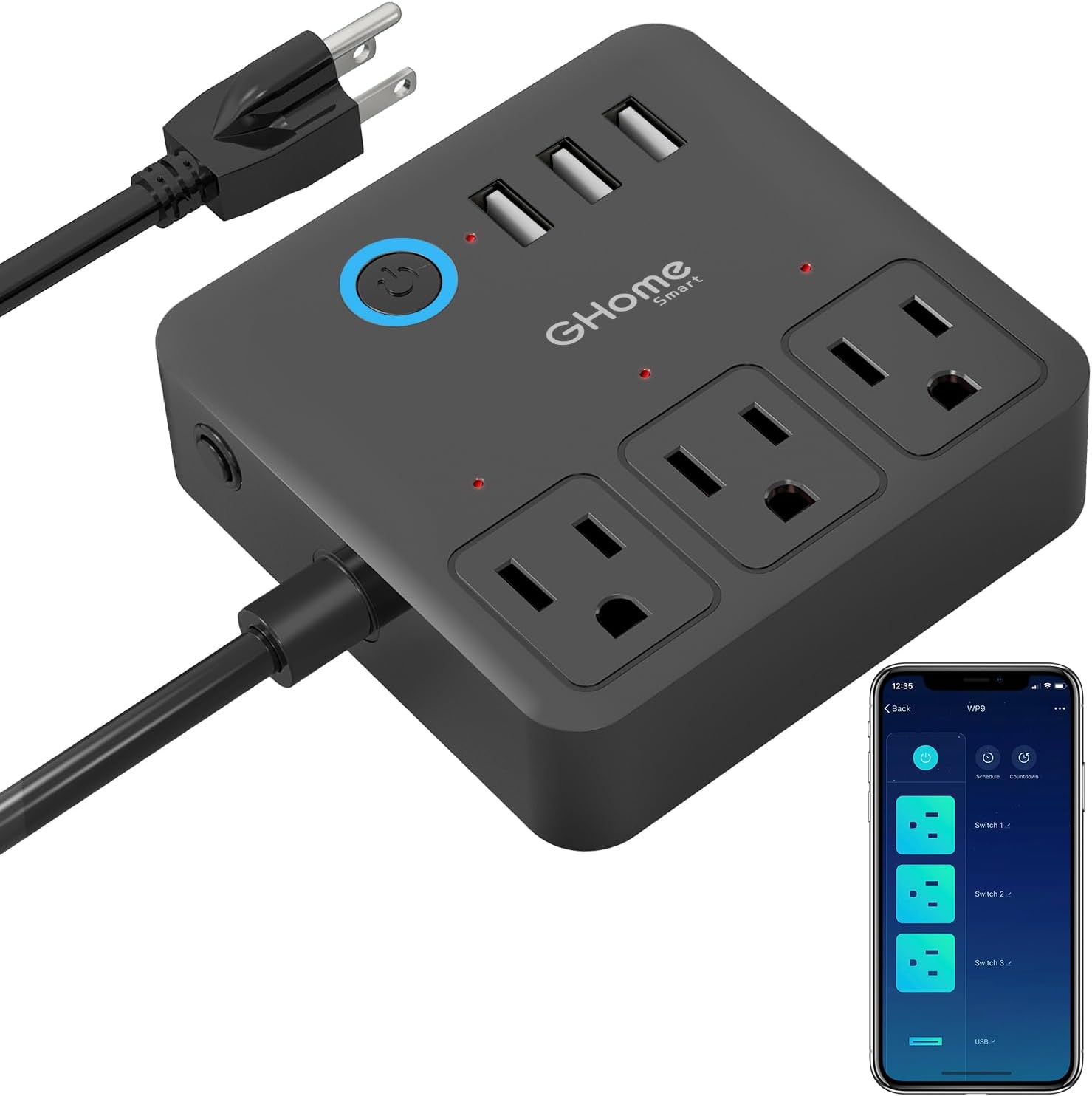 GHome Smart Power Strip, 3 USB Ports and 3 Individually Controlled Smart Outlets, WiFi Surge Protector Works with Alexa Google Home, Home Office Cruise Ship Travel Multi-Plug Extender Flat Plug, UL