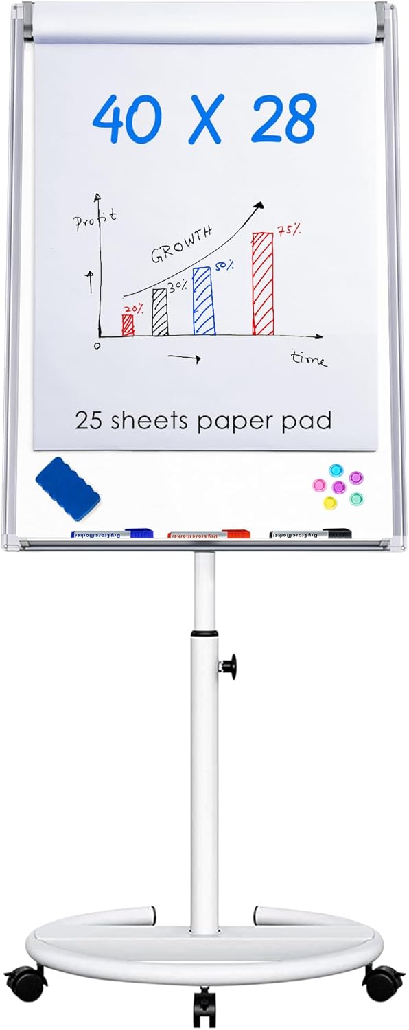 maxtek Mobile Dry Erase Board – 40x28 inches Magnetic Portable Whiteboard Stand Easel White Board Flipchart Easel Board with 25 Sheets Paper Pad