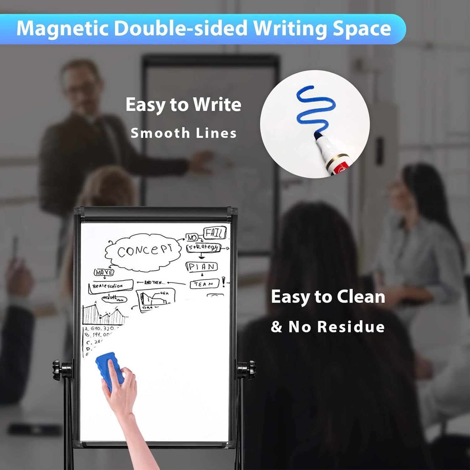 Stand White Board Magnetic 40 x 28 inches Dry Erase Board Double Sided Height Adjustable Flip Chart Easel Portable Whiteboard with Flipchart Hooks for Teaching Presentation Meeting, Black - Image 4
