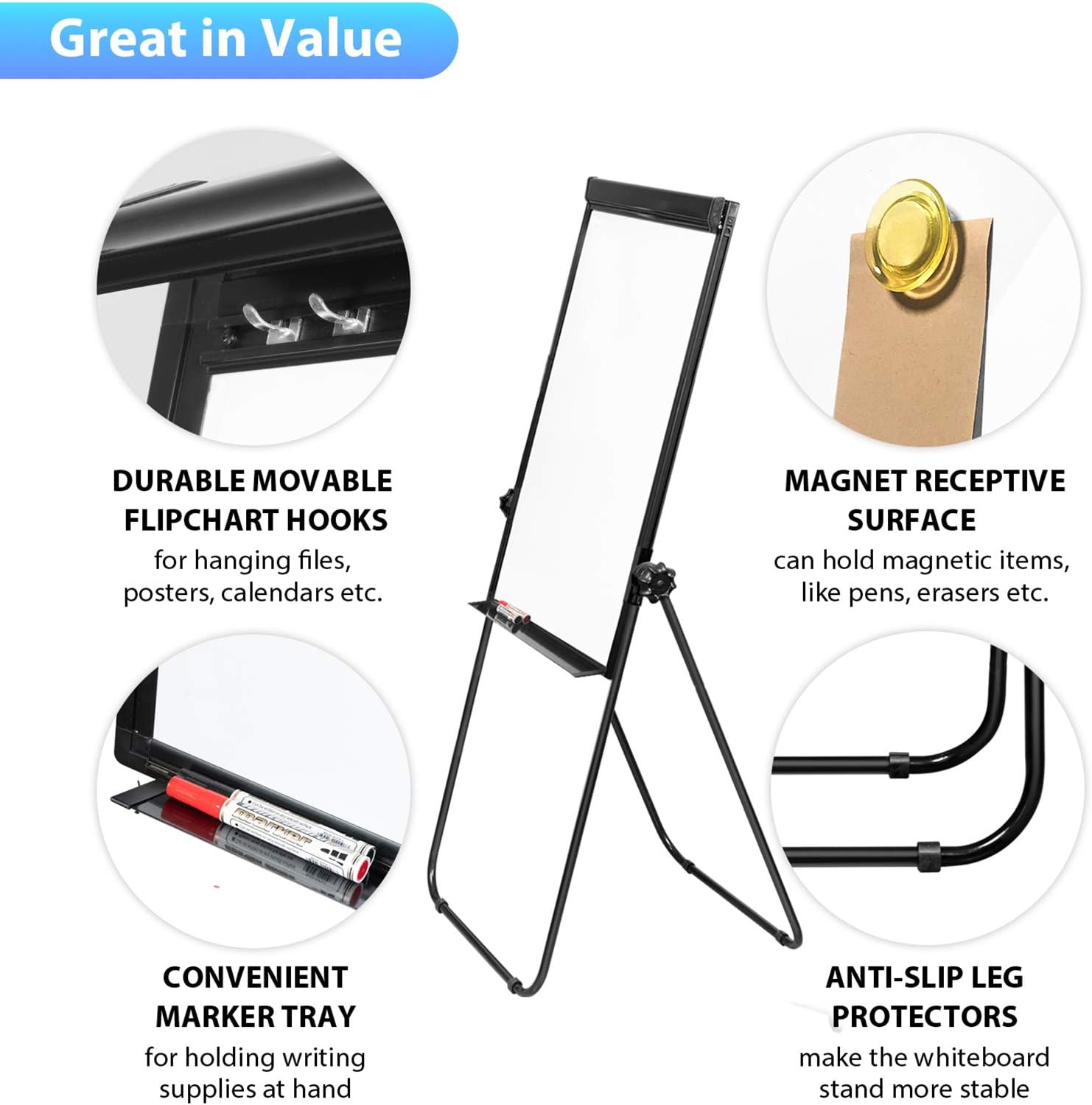 Stand White Board Magnetic 40 x 28 inches Dry Erase Board Double Sided Height Adjustable Flip Chart Easel Portable Whiteboard with Flipchart Hooks for Teaching Presentation Meeting, Black - Image 5