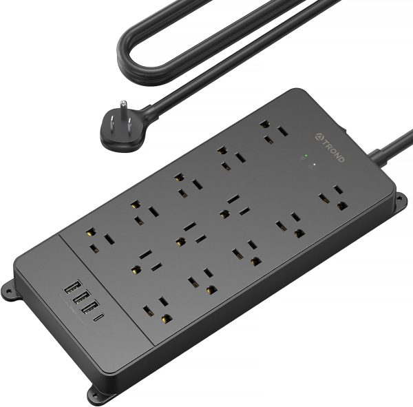 TROND Surge Protector Power Strip, 4000J, ETL Listed, 13 Widely-Spaced Outlets Expansion with 4 USB Ports(1 USB C), Low-Profile Flat Plug, Wall Mountable, 5ft Extension Cord, 14AWG Heavy Duty, Black